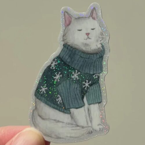 Sticker Holographique Chat au Pull de Noël – Image 3