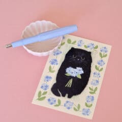 Carte Chat Noir aux Hortensias Bleus