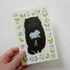 Carte Chat Noir aux Hortensias Bleus