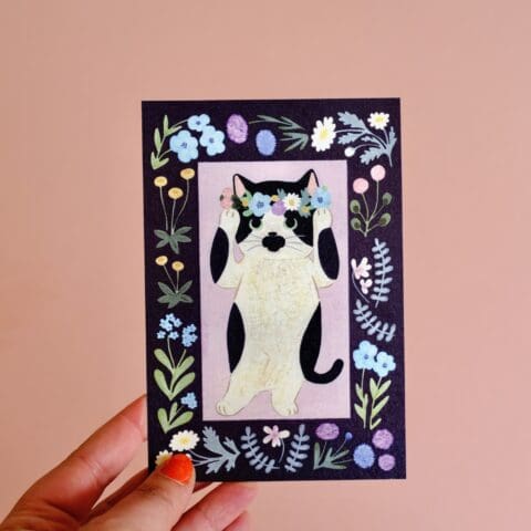 Carte Chat Tuxedo et Fleurs des Champs